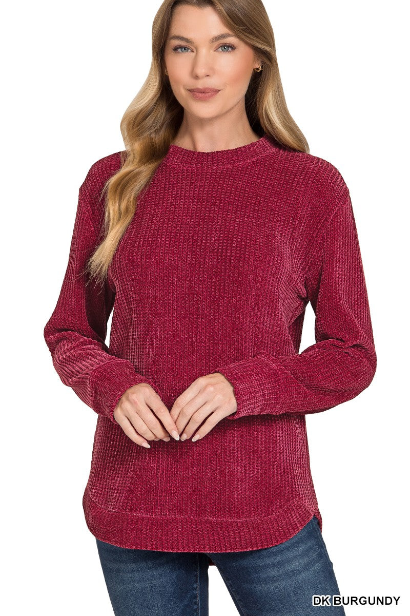 Burgundy Chenille Waffle Round Neck Sweater
