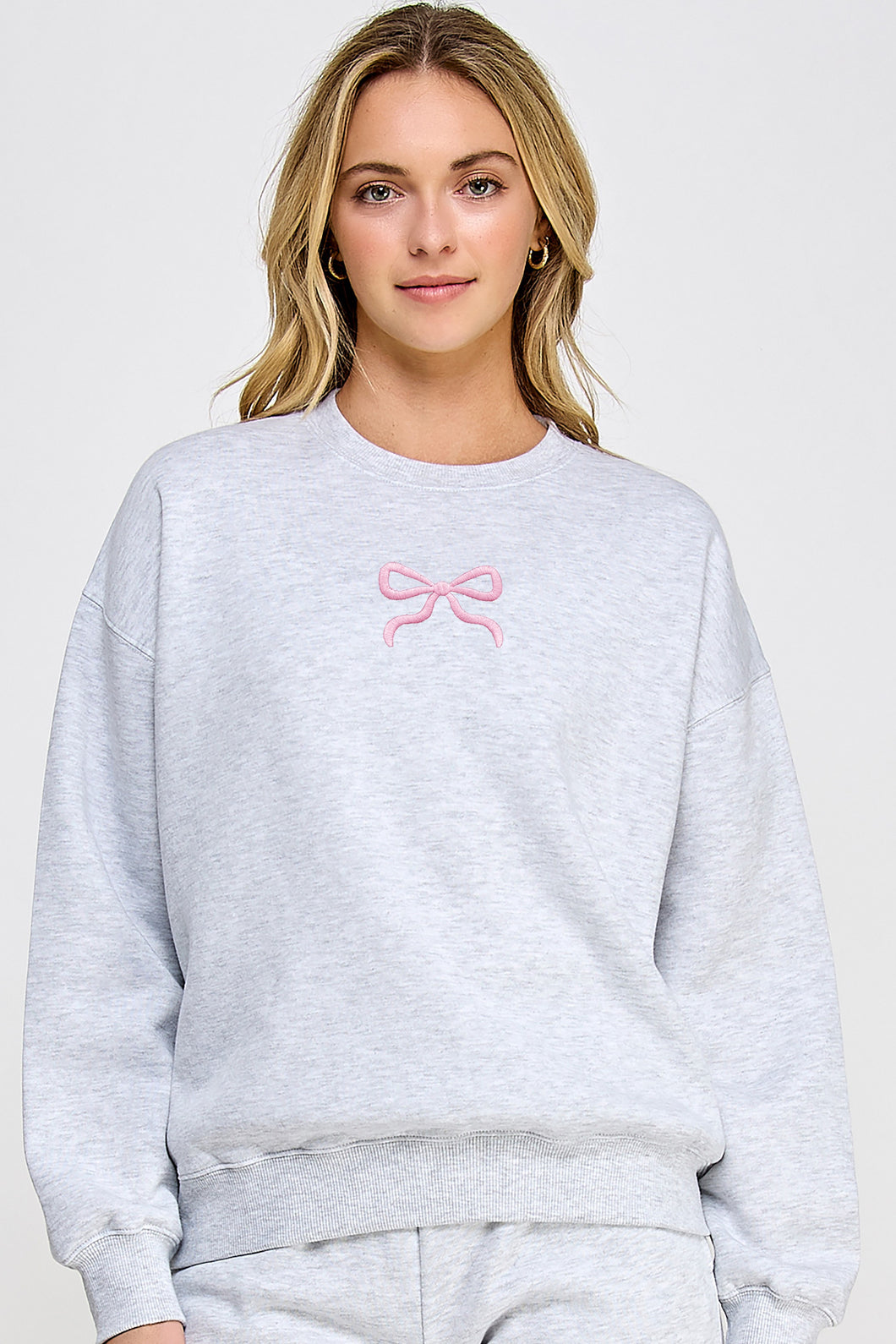 Grey Fleece Crew Neck Sweatshirt With Bow Embroidery