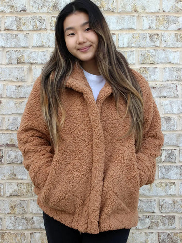 Tan Candie Diamond Sherpa Jacket w/ Full Zip