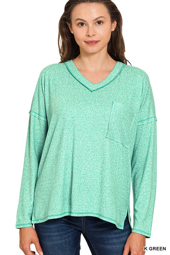 Green Soft Melange Hacci Exposed Seam Coin Pocket Tee
