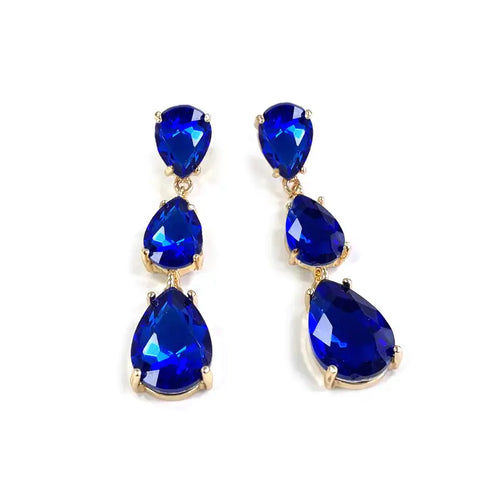 Royal blue Teardrop Glass Bead Triple Linked Dangle Earrings