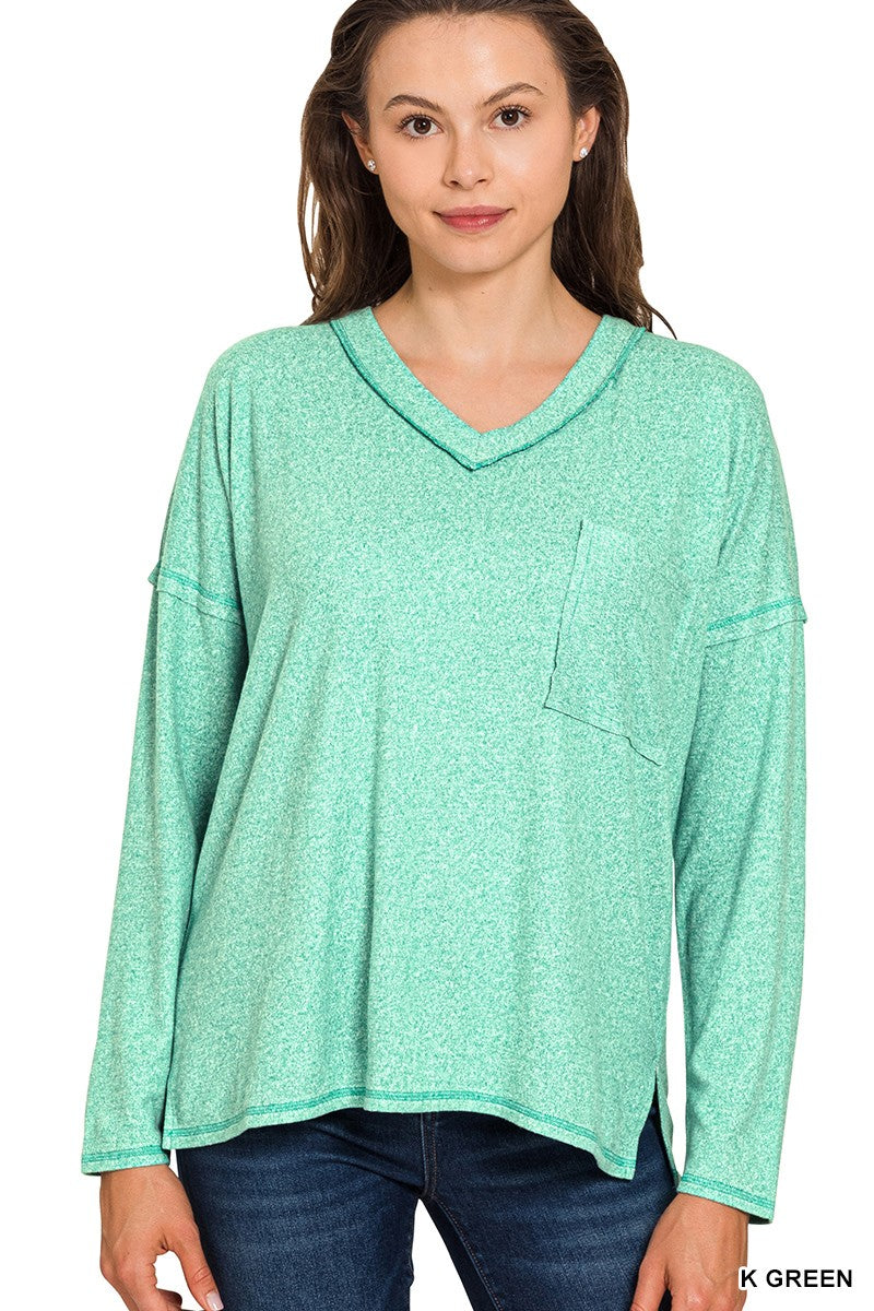 Green Soft Melange Hacci Exposed Seam Coin Pocket Tee