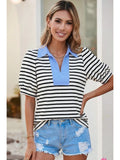 Black  Striped V Neck Short Sleeve Top