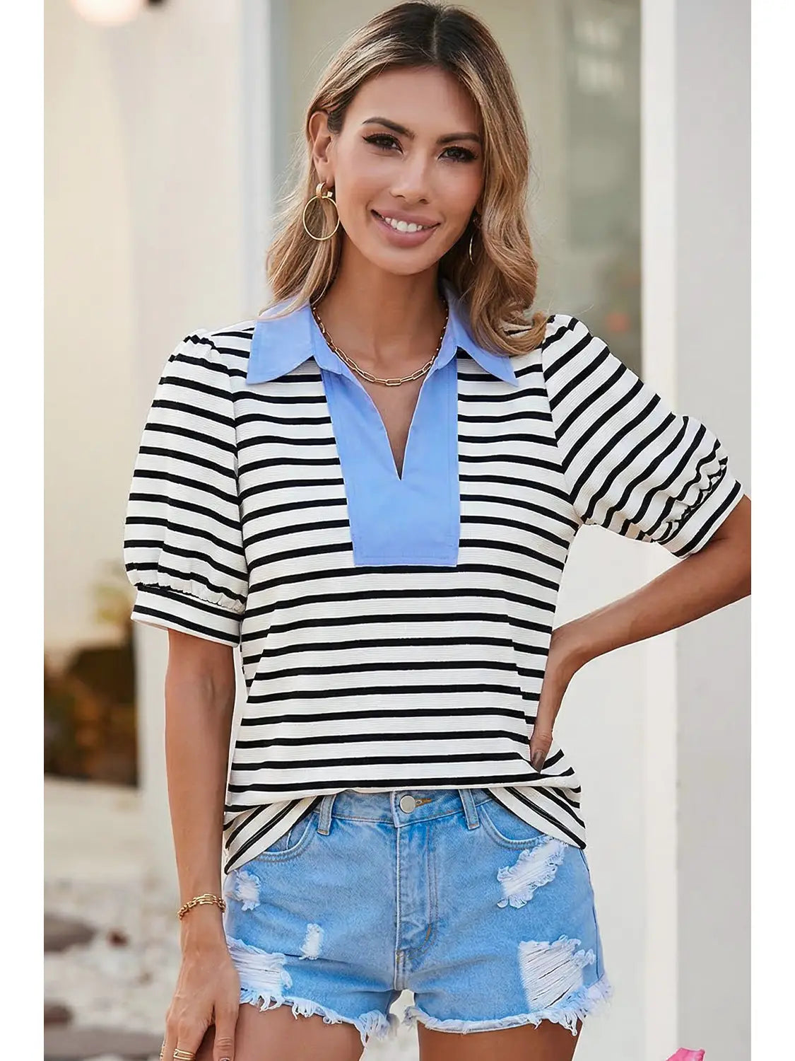 Black  Striped V Neck Short Sleeve Top