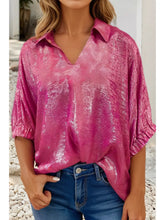 Strawberry pink Collared V Neck Half Sleeve Metallic Top