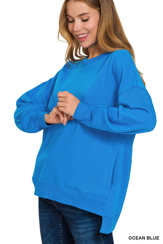 Ocean blue FLEECE HI-LOW BOYFRIEND SWEATSHIRTS WITH POCKET