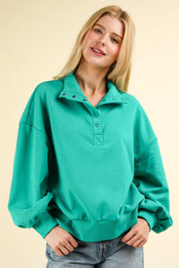 Green Balloon Sleeve Half Button Down Henley Knit Top-