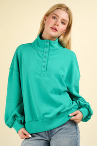 Green Balloon Sleeve Half Button Down Henley Knit Top-