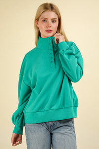 Green Balloon Sleeve Half Button Down Henley Knit Top-