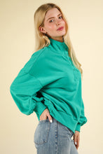 Green Balloon Sleeve Half Button Down Henley Knit Top-