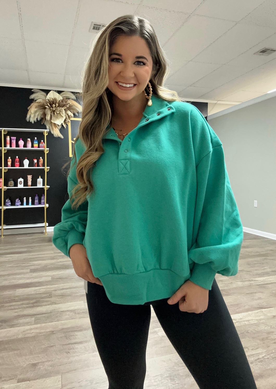 Green Balloon Sleeve Half Button Down Henley Knit Top-