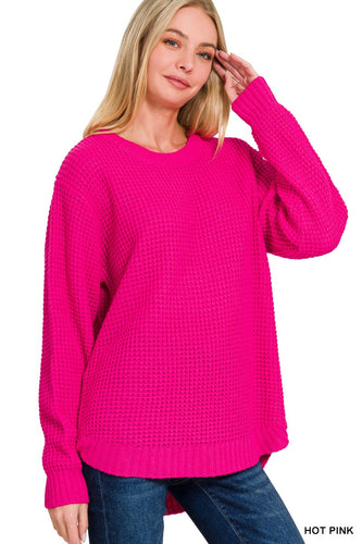 Hot pink HI-LOW LONG SLEEVE ROUND NECK WAFFLE SWEATER
- MIDWEIGHT WAFFLE SWEATER