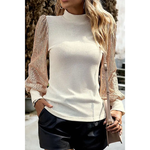 Cream Ribbed Mock Neck Top with Sequin Sleeves-Beautiful top