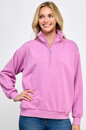 Bubble gum pink BURN-OUT FLEECE HALF ZIP-UP MOCK-NECK COLLAR WITH SIDE POCKETS