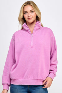 Bubble gum pink BURN-OUT FLEECE HALF ZIP-UP MOCK-NECK COLLAR WITH SIDE POCKETS