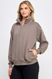 Mocha color FLEECE HALF ZIP UP WITH MOCK NECK COLLAR WITH SIDE POCKETS