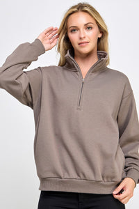 Mocha color FLEECE HALF ZIP UP WITH MOCK NECK COLLAR WITH SIDE POCKETS