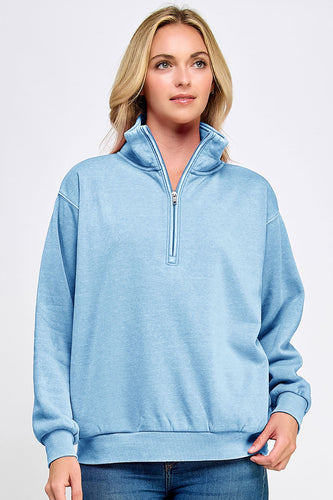Burn Out Half Zip Up With Mock Neck Collar-light blue