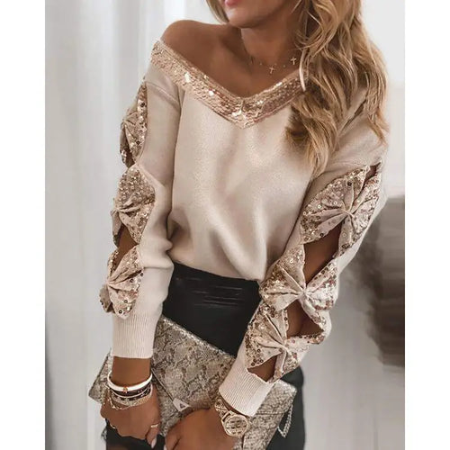 Contrast Sequins Bowknot Design Cutout Sweater! Looking fabulous for new years!