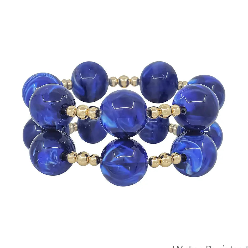 Water Resistant Set of 2 Gold Beaded with 20mm Large Royal Blue Stretch Bracelets