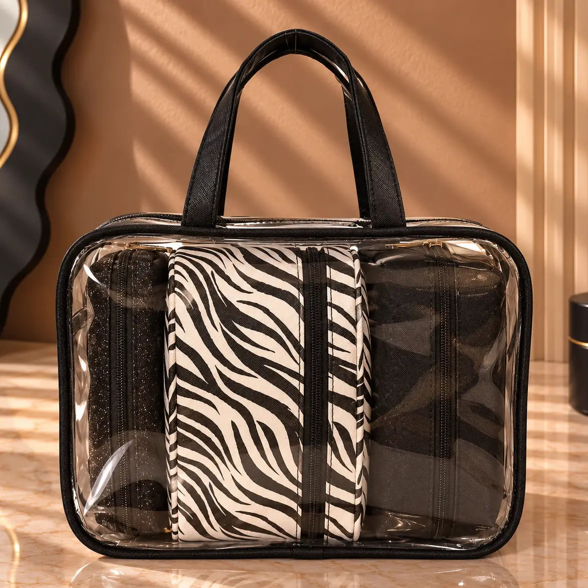 4 Piece Black Zebra Travel Cosmetic Bag Set