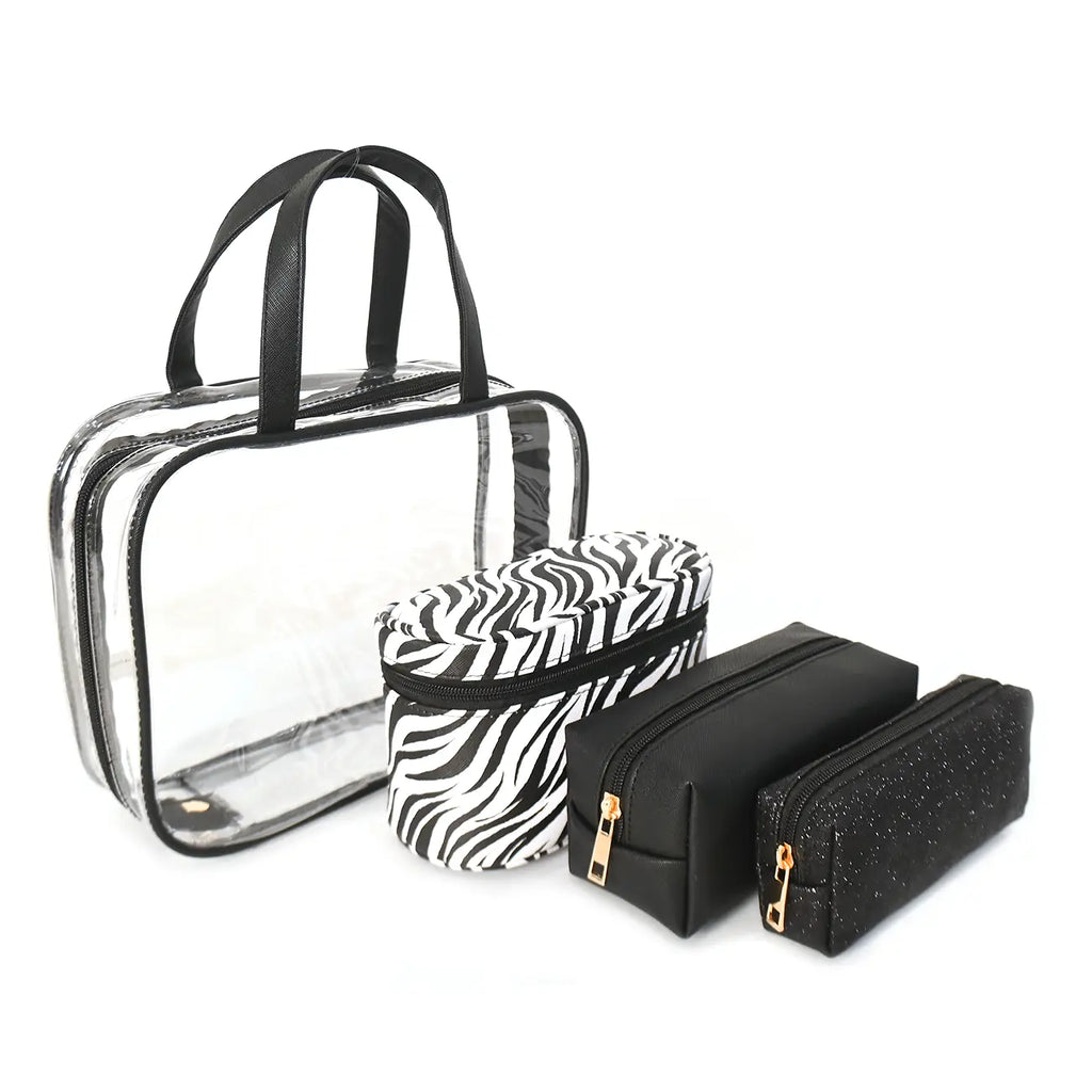 4 Piece Black Zebra Travel Cosmetic Bag Set