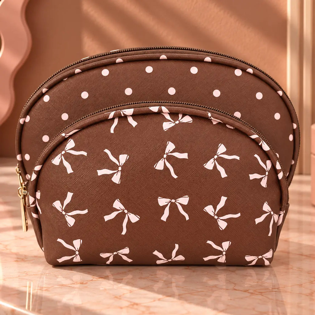 2-Piece Brown Pink Bow Print Dome Cosmetic Bag Set