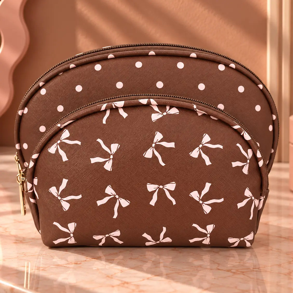 2-Piece Brown Pink Bow Print Dome Cosmetic Bag Set
