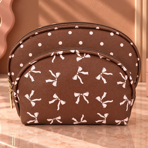 2-Piece Brown Pink Bow Print Dome Cosmetic Bag Set