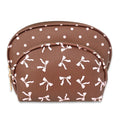 2-Piece Brown Pink Bow Print Dome Cosmetic Bag Set