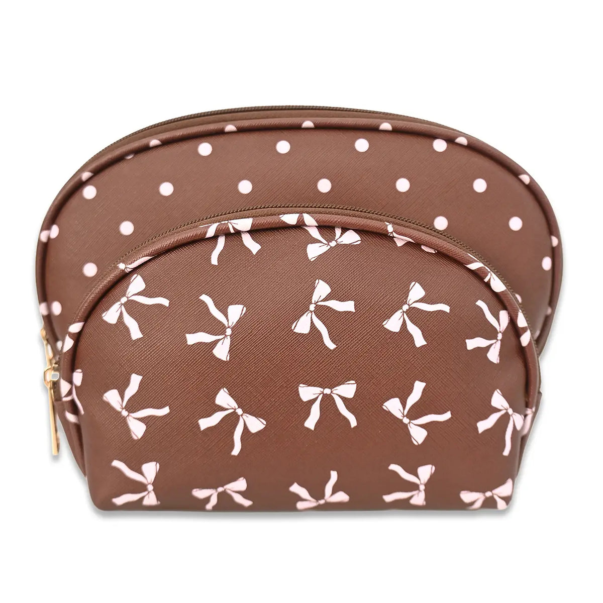 2-Piece Brown Pink Bow Print Dome Cosmetic Bag Set