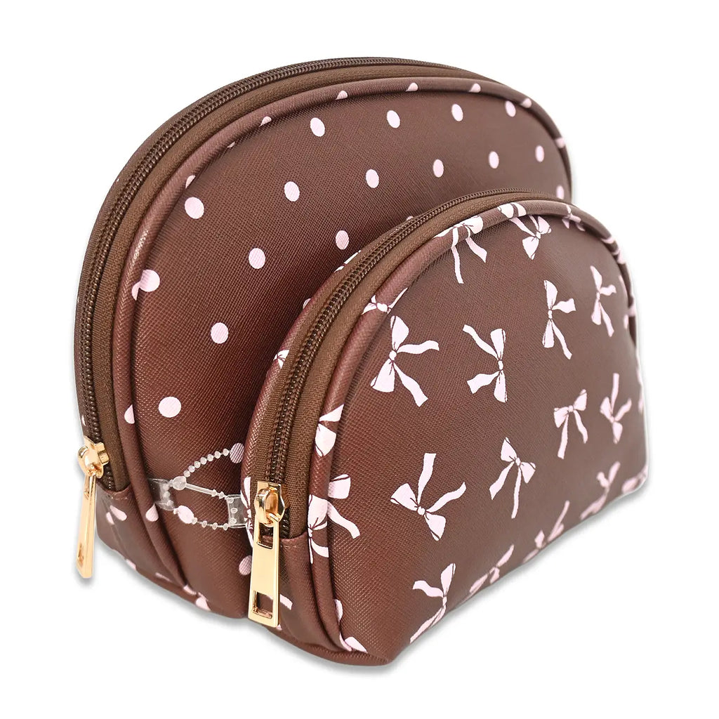 2-Piece Brown Pink Bow Print Dome Cosmetic Bag Set