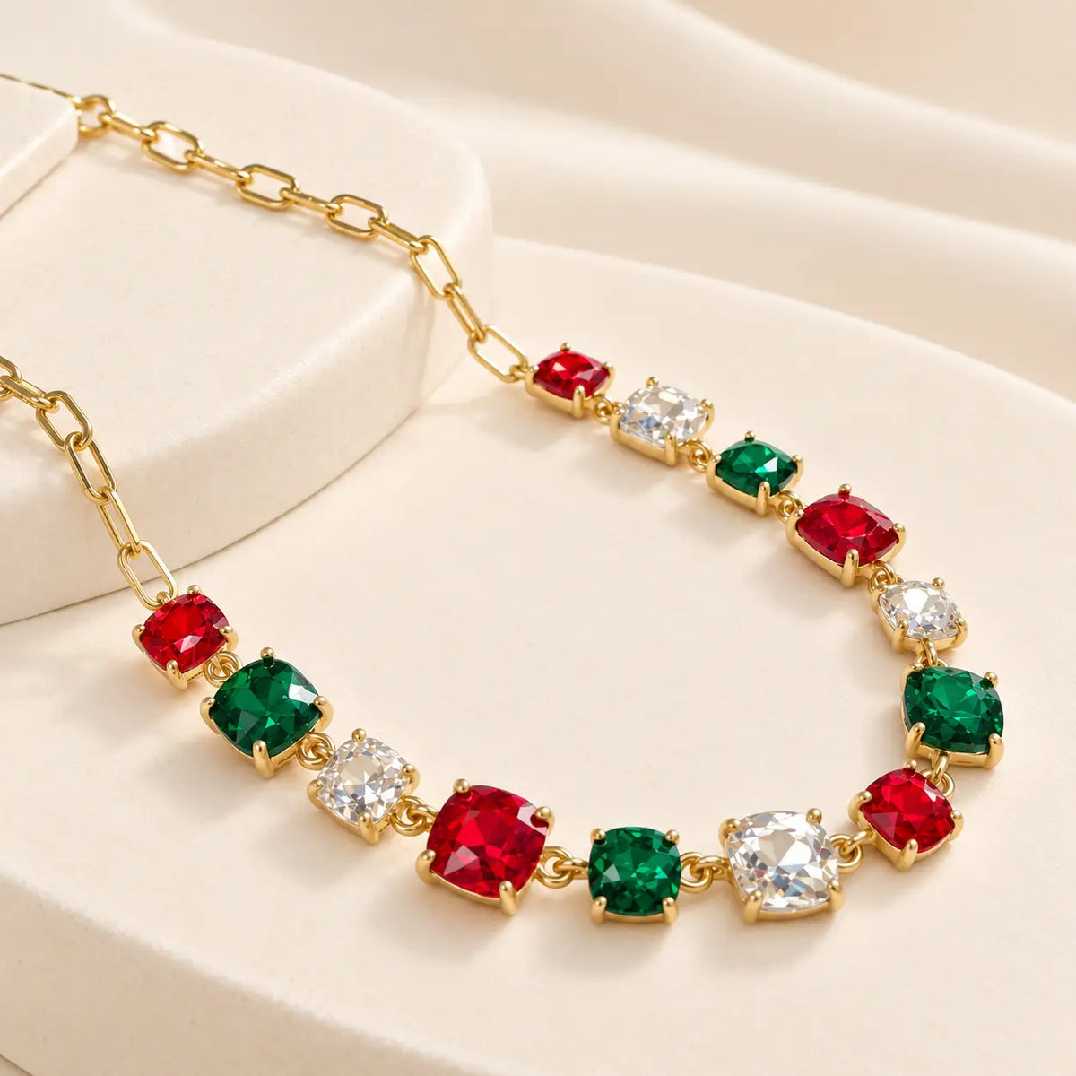 Cushion Cut Square Glass Crystal Linked Chain Necklace