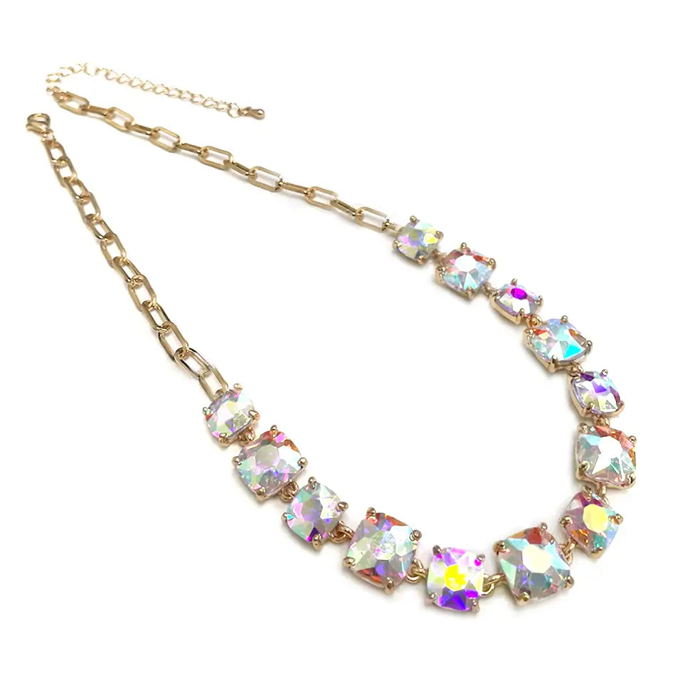 Cushion Cut Square Glass Crystal Linked Chain Necklace