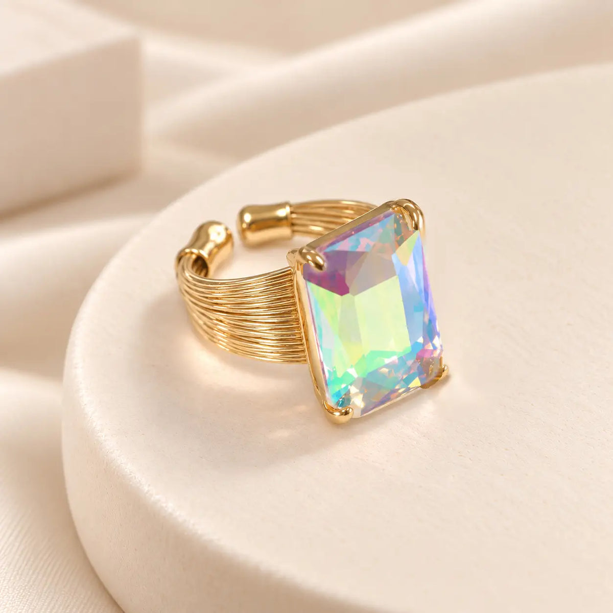 Square Glass Cushion Cut Cocktail Adjustable Wire Ring